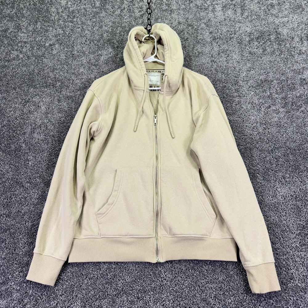 Denim & Flower Hoodie Sweatshirt Mens Medium Beige Fleece Full Zip Solid Basic